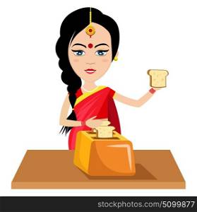 Indian woman making toast , illustration, vector on white background.