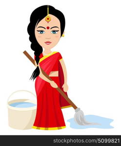 Indian woman moping , illustration, vector on white background.