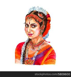 Indian woman portrait watercolor illustration. Portrait of beautiful indian lady in traditional women clothing and hair arrangement red watercolor abstract vector illustration