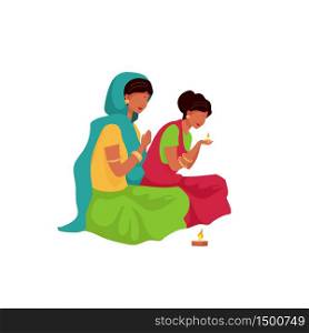 Indian woman praying flat color vector faceless character. Senior woman and young girl light candle. Teej festival isolated cartoon illustration for web graphic design and animation. Indian woman praying flat color vector faceless character