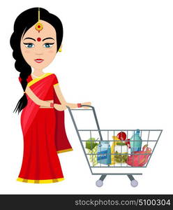 Indian woman shopping , illustration, vector on white background.