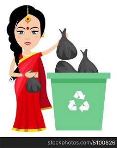 Indian woman taking trash out , illustration, vector on white background.