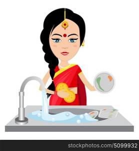 Indian woman washing dishes , illustration, vector on white background.