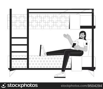 Indian woman with book sitting on bunkbed flat line black white vector character. Editable outline full body person. Student girl in dorm simple cartoon isolated spot illustration for web design. Indian woman with book sitting on bunkbed flat line black white vector character