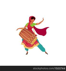 Indian woman with drum flat color vector faceless character. Female in sari perform on Teej festival. Diwali celebration isolated cartoon illustration for web graphic design and animation. Indian woman with drum flat color vector faceless character