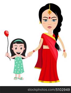 Indian woman with little girl , illustration, vector on white background.