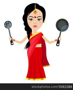 Indian woman with pan , illustration, vector on white background.