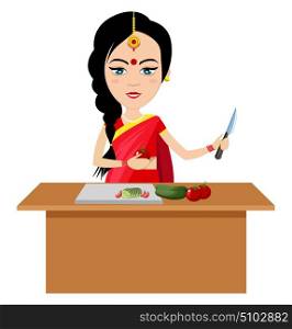 Indian woman working, illustration, vector on white background.
