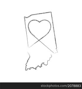 Indiana US state hand drawn pencil sketch outline map with heart shape. Continuous line drawing of patriotic home sign. A love for a small homeland. T-shirt print idea. Vector illustration.. Indiana US state hand drawn pencil sketch outline map with the handwritten heart shape. Vector illustration