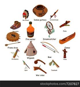Indians ethnic american icons set. Isometric illustration of 16 indians ethnic american vector icons for web. Indians ethnic american icons set, isometric style