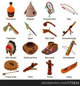 Indians ethnic american icons set. Isometric illustration of 16 indians ethnic american vector icons for web. Indians ethnic american icons set, isometric style
