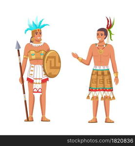 Indians Maya civilization. Historical heritage. Native American ethnicity. Cartoon young man and woman in tribal costumes. Isolated Mayan persons with weapon and feather headwear. Vector people set. Indians Maya civilization. Historical heritage. Native American ethnicity. Cartoon man and woman in tribal costumes. Mayan persons with weapon and feather headwear. Vector people set