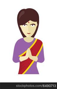 Indians Woman in Traditional Dress. Indians woman in traditional dress performing namaste gesture. Young flat style Indian woman in traditional clothes. A rural Indian woman in sari. Vector illustration on white background
