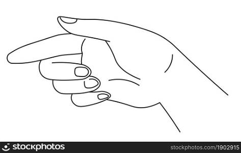 Indicating sign, isolated minimal hand with pointing finger in line art. Person showing and turning attention. Wrist and palm of human. Communication and nonverbal symbols. Vector in flat style. Hand pointing with index finger, indicating sign