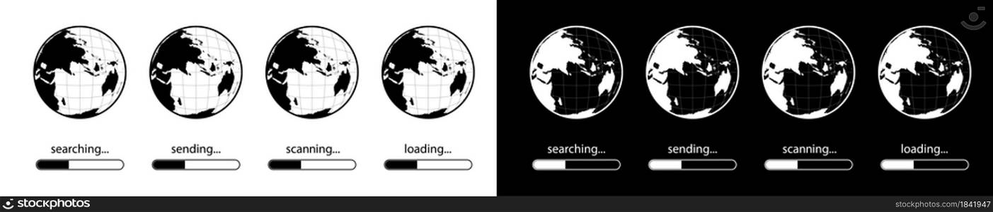 Indicator of loading, sending, scanning, searching the Internet. Information on the world wide web. Data security. Set of icons. Black and white vector