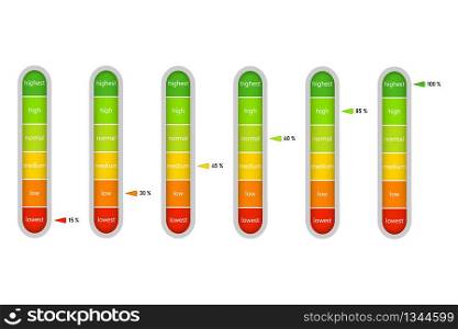 Indicator of meter with percentage units isolated on transparent background. Vertical level bar of energy efficiency. Concept of slide infographic. Ruler, speedometer, diagram for measurement. Vector.. Indicator of meter with percentage units isolated on transparent background. Vertical level bar of energy efficiency. Concept of slide infographic. Ruler, speedometer, diagram for measurement. Vector