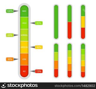 Indicator scale. Bar of meter with progress level from red to green. Vertical measuring ruler with percentage. Scale rating with low and high level. Comparison icon with 2, 3, 4, 5 graph. vector. Indicator scale. Bar of meter with progress level from red to green. Vertical measuring ruler with percentage. Scale rating with low and high level. Comparison icon with 2, 3, 4, 5 graph. vector.
