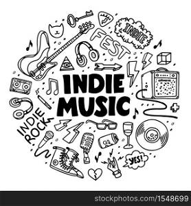 Indie rock circle composition. Black and white illustration of music related objects such as guitar, sound amplifier, rock inscriptions. Template for tattoo list, card, poster, t-shirt print, pin badge patch. Vector. Indie rock circle composition. Black and white illustration of music related objects such as guitar, sound amplifier, rock inscriptions. Template for tattoo list, card, poster, t-shirt print, pin badge patch. Vector.