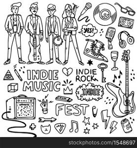 Indie rock music set. Black and white illustration of musicians and related objects such as guitar, sound amplifier, rock inscriptions. Template for tattoo list, card, print, pin badge patch. Vector. Indie rock music set. Black and white illustration of musicians and related objects such as guitar, sound amplifier, rock inscriptions. Template for tattoo list, card, print, pin badge patch. Vector.
