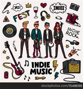 Indie rock music set. Illustration of musicians and related objects such as guitar, sound amplifier, rock inscriptions. Template for banner, card, poster, t-shirt print, pin badge patch. Vector. Indie rock music set. Illustration of musicians and related objects such as guitar, sound amplifier, rock inscriptions. Template for banner, card, poster, t-shirt print, pin badge patch. Vector.