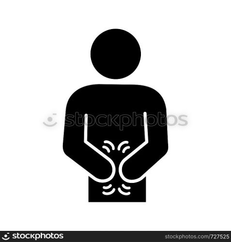 Indigestion glyph icon. Upset stomach. Stomachache. Digestive disorder. Irritable bowel. Stress symptoms. Diarrhea, bloating, nausea, abdominal pain. Silhouette symbol. Vector isolated illustration. Indigestion glyph icon