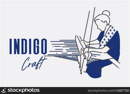Indigo craft woman weaving and dyeing action shot vector illustration.