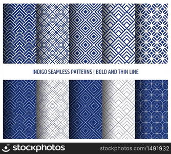 Indigo seamless patterns, bold and thin line. Japanese sashiko inspired blue and white background decoration.