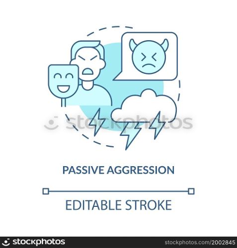 Indirect aggression concept icon. Hostile intentions. Disguise discontent and annoyance. Fake calmness abstract idea thin line illustration. Vector isolated outline color drawing. Editable stroke. Indirect aggression concept icon