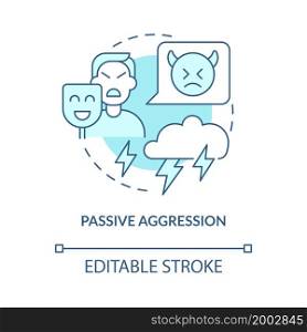 Indirect aggression concept icon. Hostile intentions. Disguise discontent and annoyance. Fake calmness abstract idea thin line illustration. Vector isolated outline color drawing. Editable stroke. Indirect aggression concept icon