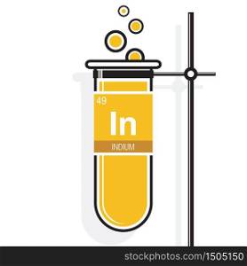 Indium symbol on label in a yellow test tube with holder. Element number 49 of the Periodic Table of the Elements - Chemistry