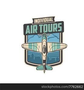 Individual air tours icon. Air travel vector emblem with propeller airplane flying over cityscape. Aircraft business promotional label, plane jet flight traveling service, airline adventure voyage. Individual air tours icon air travel vector emblem