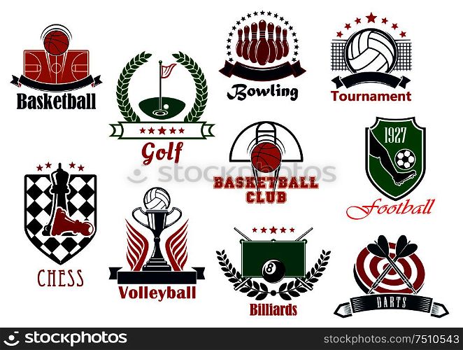 Individual and team sport games icons set with football or soccer, basketball, bowling, billiards, volleyball, darts, chess, golf items, heraldic shields, wreaths, ribbon banners and stars. Individual and team sport games icons set
