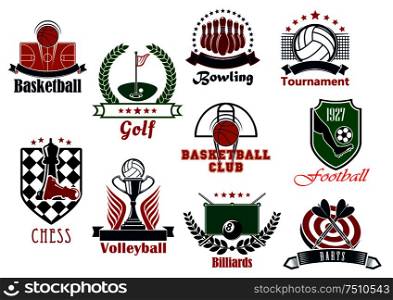 Individual and team sport games icons set with football or soccer, basketball, bowling, billiards, volleyball, darts, chess, golf items, heraldic shields, wreaths, ribbon banners and stars. Individual and team sport games icons set