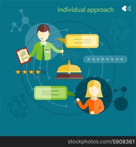 Individual approach ranking. Man and woman with clipboard and bubbles in flat design. Individual approach ranking