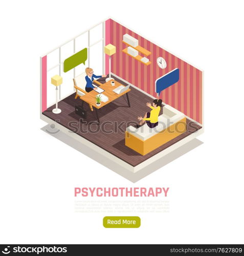 Individual counseling psychotherapy treatment isometric homepage design with psychologist works confidentially with young lady vector illustration