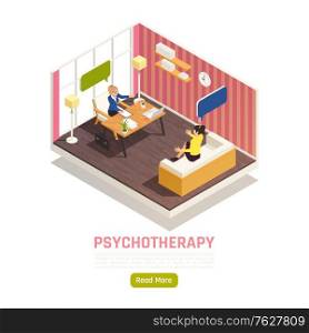 Individual counseling psychotherapy treatment isometric homepage design with psychologist works confidentially with young lady vector illustration
