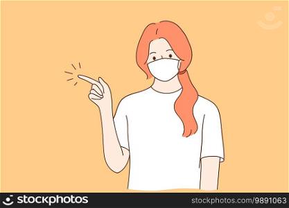 Individual protection from COVID-19 and gesturing concept. Young woman cartoon character in medical protective mask from coronavirus disease pointing with hand and finger up to side. Individual protection from COVID-19 and gesturing concept