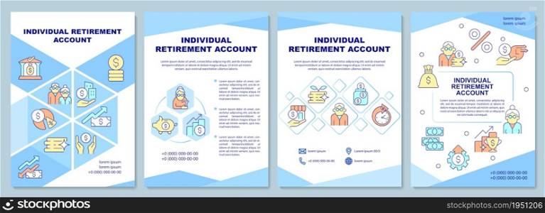 Individual retirement account brochure template. Personal savings. Flyer, booklet, leaflet print, cover design with linear icons. Vector layouts for presentation, annual reports, advertisement pages. Individual retirement account brochure template