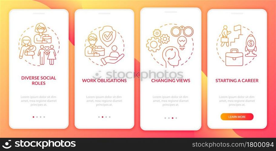 Individual thinking onboarding mobile app page screen. Social identity walkthrough 4 steps graphic instructions with concepts. UI, UX, GUI vector template with linear color illustrations. Individual thinking onboarding mobile app page screen