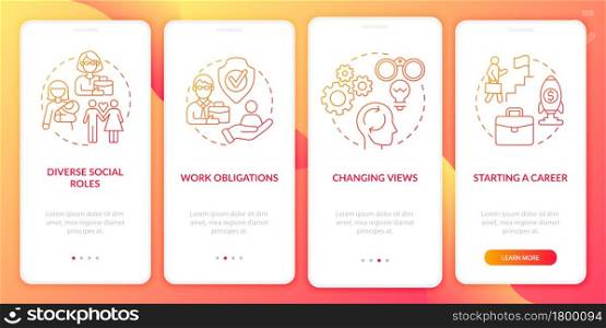 Individual thinking onboarding mobile app page screen. Social identity walkthrough 4 steps graphic instructions with concepts. UI, UX, GUI vector template with linear color illustrations. Individual thinking onboarding mobile app page screen