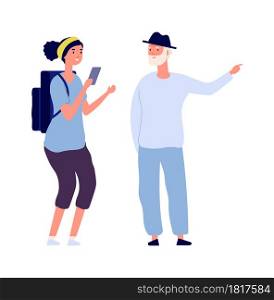 Individual trip. Man conduct excursion for single girl. Flat tourist with backpack ask road. Isolated woman talking with old man vector illustration. Woman tourist on excursion, man character. Individual trip. Man conduct excursion for single girl. Flat tourist with backpack ask road. Isolated woman talking with old man vector illustration