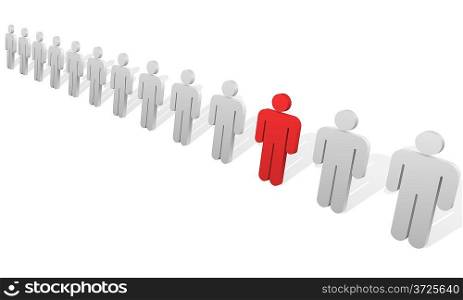 Individuality concept. One red abstract person figure in the row of white ones.