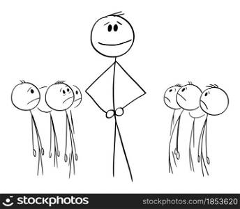 Individuality or big person sticking out of the crowd or colleagues, vector cartoon stick figure or character illustration.. Big Person or Individuality Sticking Out of the Crowd , Vector Cartoon Stick Figure Illustration