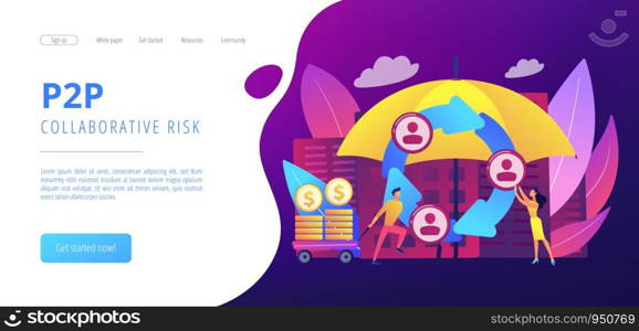 Individuals pool their premiums together to insure against a risk. Peer-to-Peer insurance, P2P collaborative risk, new social insurance concept. Website vibrant violet landing web page template.. Peer-to-Peer insurance concept landing page.