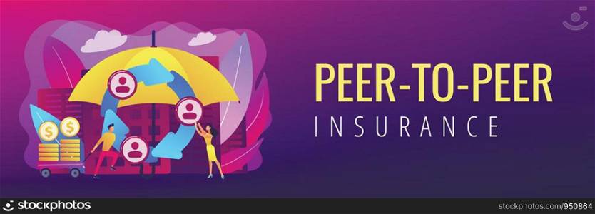 Individuals pool their premiums together to insure against a risk. Peer-to-Peer insurance, P2P collaborative risk, new social insurance concept. Header or footer banner template with copy space.. Peer-to-Peer insurance concept banner header.