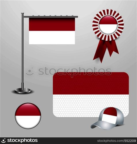 Indonesia Country Flag haning on pole, Ribbon Badge Banner, sports Hat and Round Button. Vector EPS10 Abstract Template background