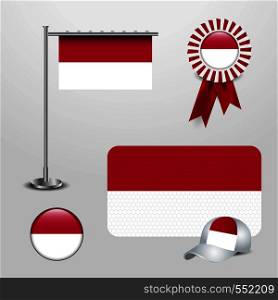 Indonesia Country Flag haning on pole, Ribbon Badge Banner, sports Hat and Round Button. Vector EPS10 Abstract Template background
