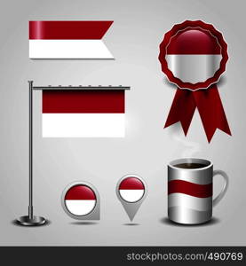 Indonesia Country Flag place on Map Pin, Steel Pole and Ribbon Badge Banner. Vector EPS10 Abstract Template background