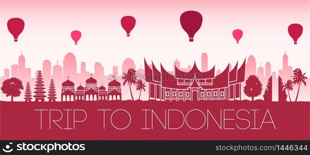 Indonesia famous landmark by balloon float over in flag color tone red silhouette design,vector illustration