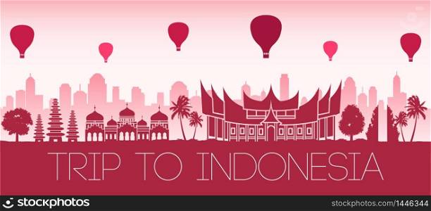 Indonesia famous landmark by balloon float over in flag color tone red silhouette design,vector illustration